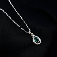 Sterling Silver 0.7 Carat Lab Grown Emerald Teardrop Pendant Necklace with Moissanite