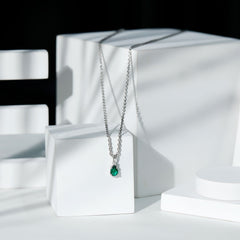 Certified 0.7 Carat Lab Grown Emerald Teardrop Necklace with Silver Chain