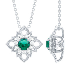 Sterling Silver Emerald Flower Necklace with Chain