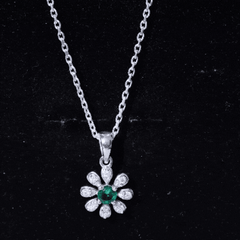 Lab Grown Emerald Flower Pendant Necklace with Silver Chain