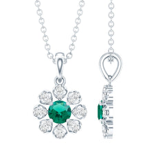 Lab Grown Emerald Flower Pendant Necklace with Silver Chain