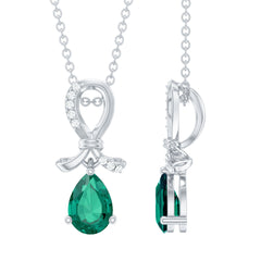Certified Pear Shape Lab Grown Emerald Designer Necklace with Silver Chain