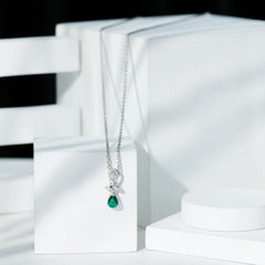Certified Pear Shape Lab Grown Emerald Designer Necklace with Silver Chain
