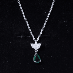 Sterling Silver 0.7 Carat Lab Grown Emerald Teardrop Necklace with Moissanite Lotus Flower