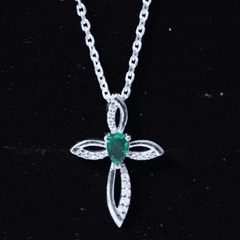 Pear Cut Emerald Cross Pendant With Lab Grown Diamond