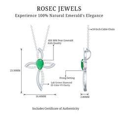 Pear Cut Emerald Cross Pendant With Lab Grown Diamond