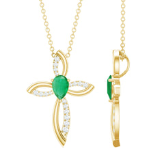 Pear Cut Emerald Cross Pendant With Lab Grown Diamond