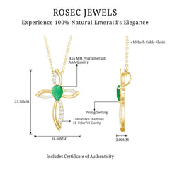 Pear Cut Emerald Cross Pendant With Lab Grown Diamond