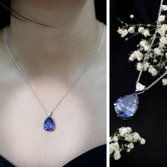 Certified 9 Carat Pear Shape Lab Grown Blue Sapphire Necklace With Silver Chain
