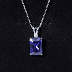 9 Carat Emerald Cut Lab Grown Blue Sapphire Solitaire Necklace With Silver Chain