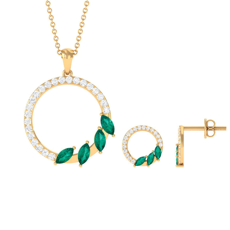 Natural Emerald Circle Necklace and Earrings Set with Diamond
