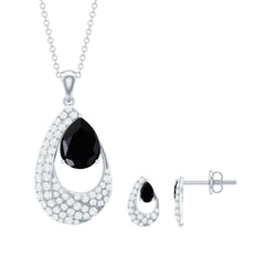 Natural 3 Carat Black Onyx Teardrop Necklace and Earrings Set with Certificate