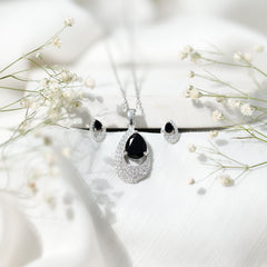 Natural 3 Carat Black Onyx Teardrop Necklace and Earrings Set with Certificate