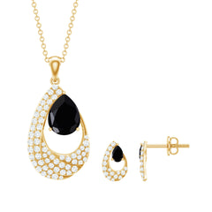 Natural 3 Carat Black Onyx Teardrop Necklace and Earrings Set with Certificate