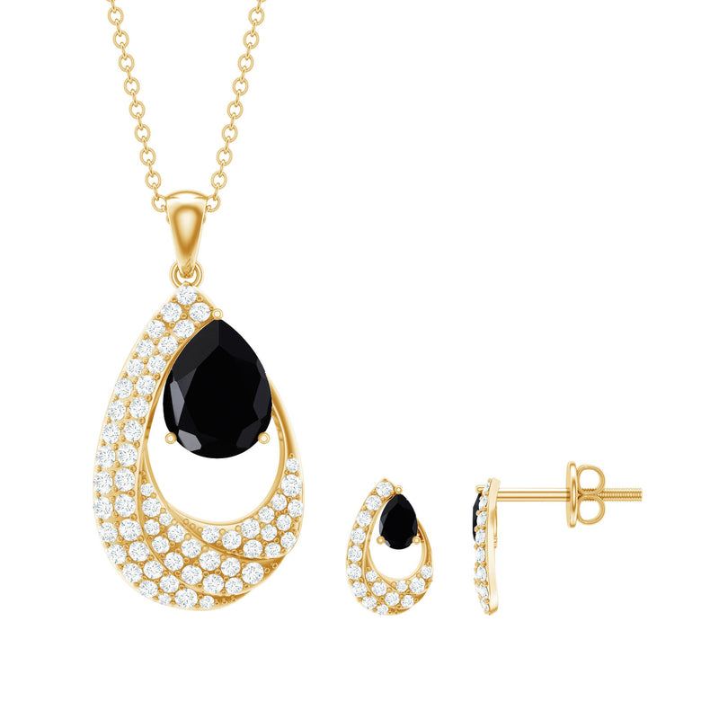 Natural 3 Carat Black Onyx Teardrop Necklace and Earrings Set with Certificate