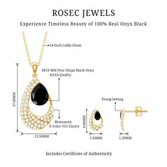 Natural 3 Carat Black Onyx Teardrop Necklace and Earrings Set with Certificate