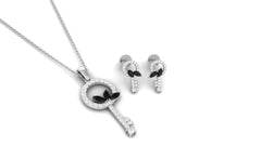 Natural Black Onyx Key Pendant and Earrings Set with Diamond