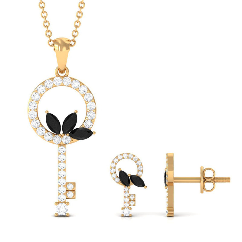 Natural Black Onyx Key Pendant and Earrings Set with Diamond