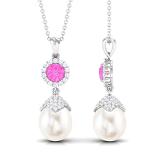 Freshwater Pearl Designer Drop Pendant with Pink Sapphire and Diamond