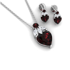 Heart Garnet Necklace and Earrings Set with Diamond
