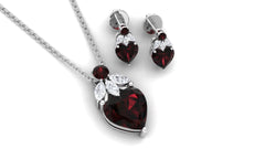 Heart Garnet Necklace and Earrings Set with Diamond