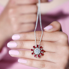 7 MM Lab Grown Diamond Flower Statement Necklace with Ruby