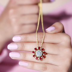 7 MM Lab Grown Diamond Flower Statement Necklace with Ruby