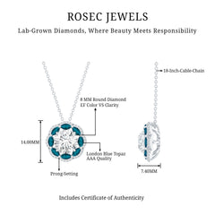 2 Carat Lab Grown Diamond Halo Necklace With London Blue Topaz