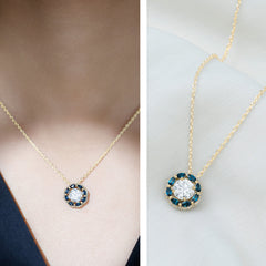 2 Carat Lab Grown Diamond Halo Necklace With London Blue Topaz