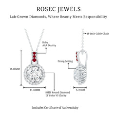 Certified MM Lab Grown Diamond Halo Necklace With Ruby Accent Bail