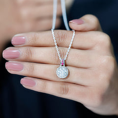 Certified MM Lab Grown Diamond Halo Necklace With Ruby Accent Bail