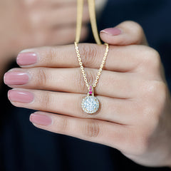 Certified MM Lab Grown Diamond Halo Necklace With Ruby Accent Bail