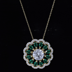 9 MM Lab Grown Diamond Flower Bridal Necklace With Emerald