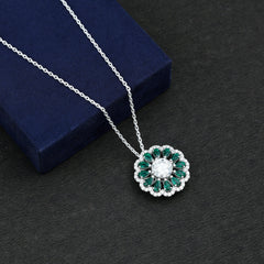 9 MM Lab Grown Diamond Flower Bridal Necklace With Emerald
