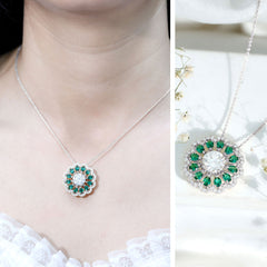 9 MM Lab Grown Diamond Flower Bridal Necklace With Emerald
