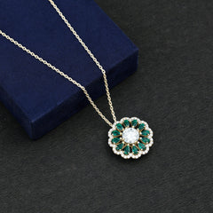 9 MM Lab Grown Diamond Flower Bridal Necklace With Emerald