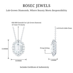 Certified 6X8 MM Emerald Cut Lab Grown Diamond Statement Necklace With Halo