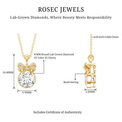 Bezel Set Lab Grown Diamond Solitaire Necklace With Cute Bow