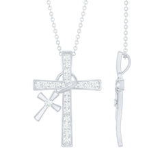 Pave Set Lab Grown Diamond Double Cross Charm Necklace
