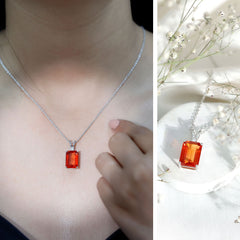 Certified 9 Carat Lab Grown Orange Sapphire Emerald Cut Necklace With Silver Chain