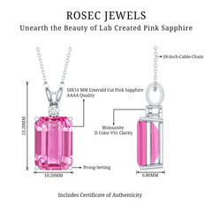 9 Carat Lab Grown Pink Sapphire Emerald Cut Necklace With Silver Chain