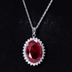Sterling Silver 14 carat Lab Grown Ruby Oval Necklace with Halo