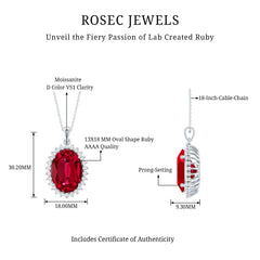 Sterling Silver 14 carat Lab Grown Ruby Oval Necklace with Halo