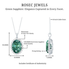 14 Carat Lab Grown Green Sapphire Statement Necklace with Silver Chain
