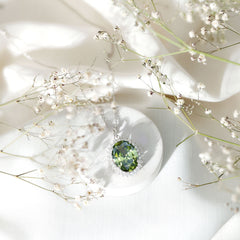 14 Carat Lab Grown Green Sapphire Statement Necklace with Silver Chain