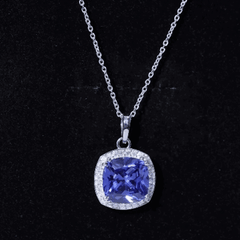 Certified 12 MM Cushion Lab Grown Blue Sapphire Halo Necklace