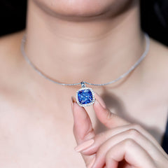 Certified 12 MM Cushion Lab Grown Blue Sapphire Halo Necklace