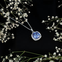 Certified 12 MM Cushion Lab Grown Blue Sapphire Halo Necklace