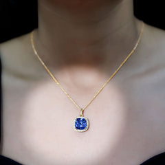 Certified 12 MM Cushion Lab Grown Blue Sapphire Halo Necklace