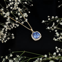 Certified 12 MM Cushion Lab Grown Blue Sapphire Halo Necklace